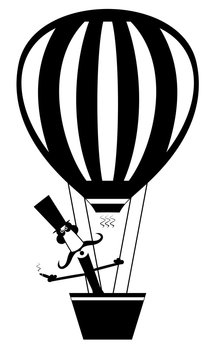 Cartoon mustache man with cigar flies on the air balloon isolated. Cartoon mustache man in the top hat flies on the air balloon and smokes cigar
