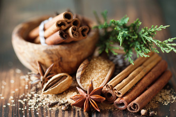 Traditional Christmas spices, food background
