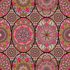 Seamless pattern tile with mandalas. Vintage decorative elements. Hand drawn background. Islam, Arabic, Indian, ottoman motifs. Perfect for printing on fabric or paper.