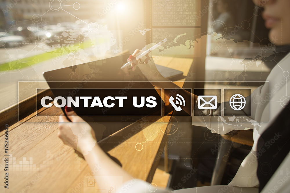 Poster contact us button and text on virtual screen. business and technology concept.