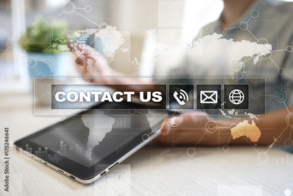 Poster contact us button and text on virtual screen. business and technology concept.