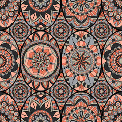 Seamless pattern tile with mandalas. Vintage decorative elements. Hand drawn background. Islam, Arabic, Indian, ottoman motifs. Perfect for printing on fabric or paper.