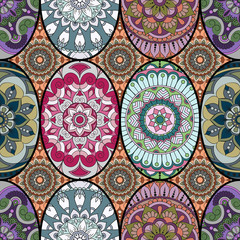 Seamless pattern tile with mandalas. Vintage decorative elements. Hand drawn background. Islam, Arabic, Indian, ottoman motifs. Perfect for printing on fabric or paper.