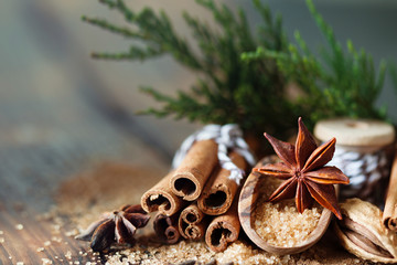 Traditional Christmas spices, food background
