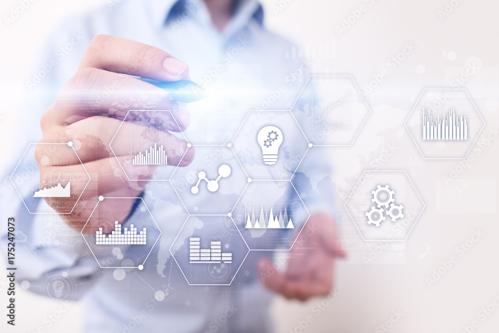 Poster applications icons and graphs on virtual screen. business, internet and technology concept.