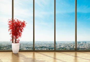 Панорамное окно с видом на город. 3d иллюстрации