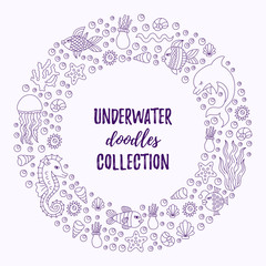Underwater doodle icons round frame