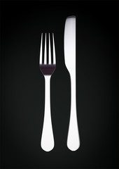 Silver fork and knife on black background with copy space 3d illustration