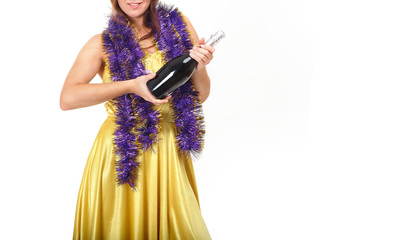 Woman without a face. A girl holding a bottle of champagne. The concept for the advertising information on discounts, gifts and promotions for new year and Christmas sales. Face is not visible.