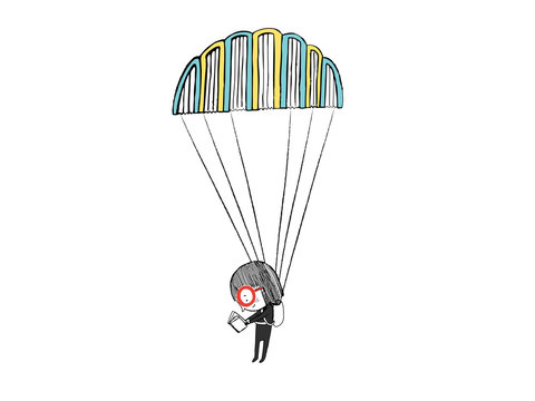 Little girl reading in a parachute made with books. Hand drawn vector illustration