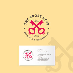 Cross keys pub logo. Two keys with letters emblems on a yellow background. Keys icon.