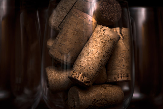Catering, party concept: close-up image of wine glass with corks and empty glasses on a dark wooden background. Selective focus.