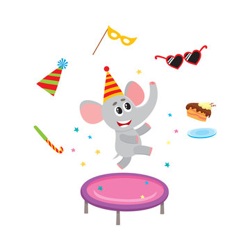 vector flat cartoon cheerful elephant character jumping on trampoline wearing party hat happily smiling on background of party symbols. isolated illustration on a white background.