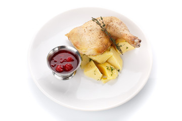 Delicious lunch. Potatoes with chicken and sauce