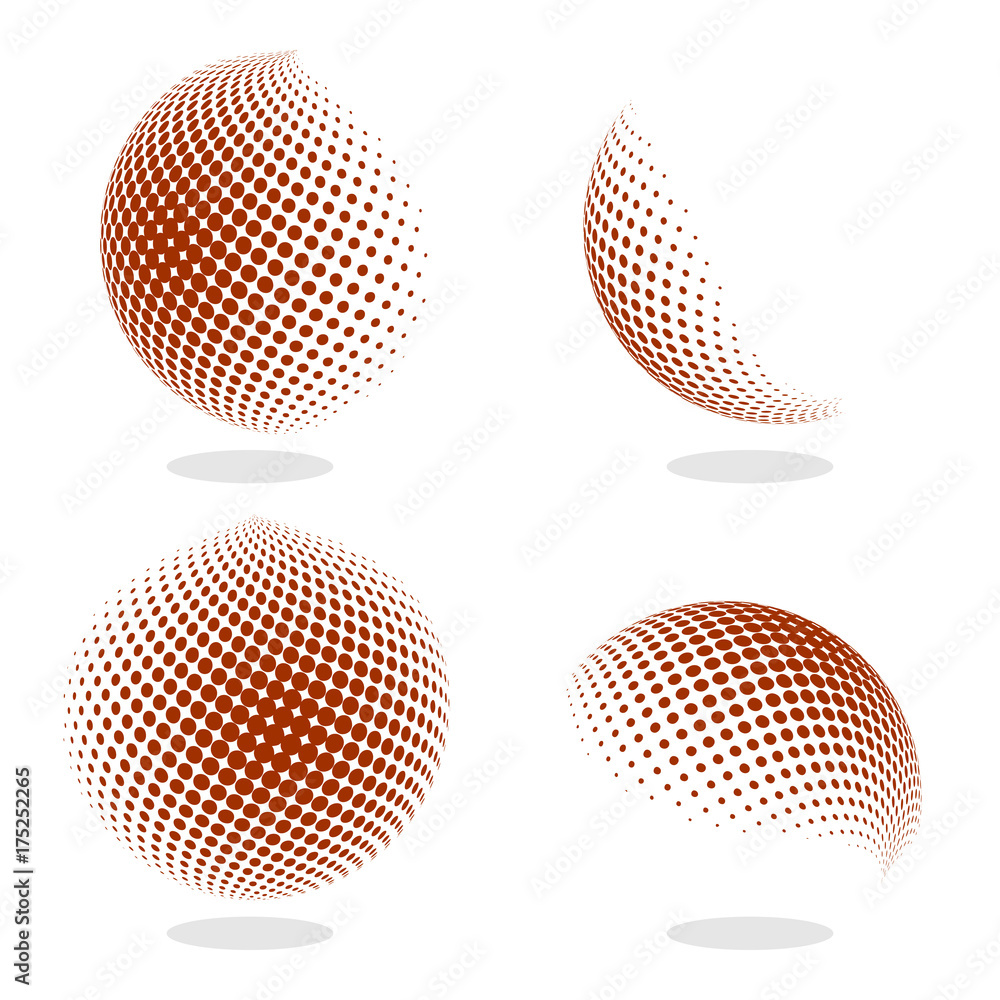 Aufkleber abstract globe dotted sphere, 3d halftone effect vector background. color set of vector illustration