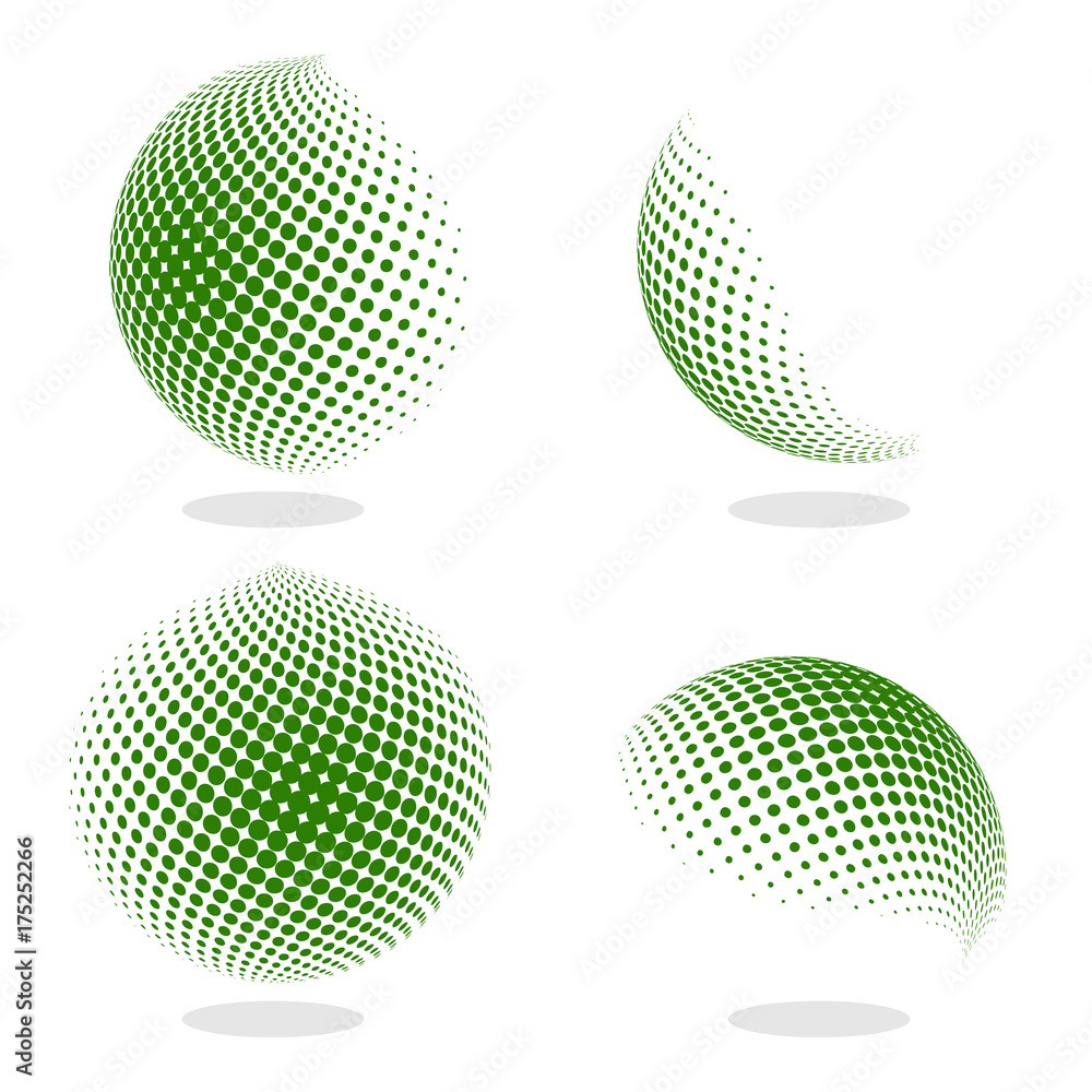 Aufkleber abstract globe dotted sphere, 3d halftone effect vector background. color set of vector illustration