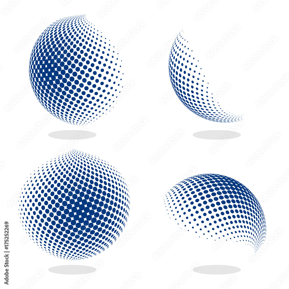 Poster abstract globe dotted sphere, 3d halftone effect vector background. color set of vector illustration