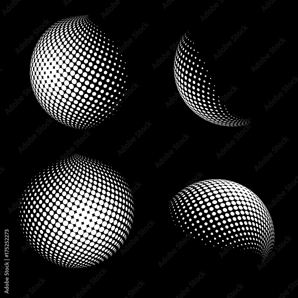 Aufkleber abstract globe dotted sphere. 3d halftone effect vector background. black and white set of vector il