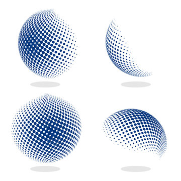Abstract globe dotted sphere, 3d halftone effect vector background. Color set of vector illustration.