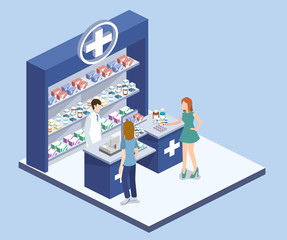 Isometric 3D vector illustration pharmacy store with customers