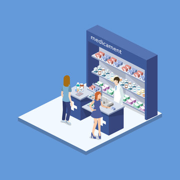 Isometric 3D vector illustration pharmacy store with customers