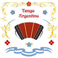 Hand drawn vector illustration with argentine tango design elements - bandoneon, text and traditional Buenos Aires fileteado ornaments. - obrazy, fototapety, plakaty