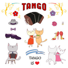 Hand drawn vector illustration with funny cute cats in a milonga, dancing and singing argentine tango, playing bandoneon.