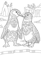 Obraz premium Coloring page of emperor penguins couple kissing each other. Freehand sketch drawing for adult antistress coloring book in zentangle style.