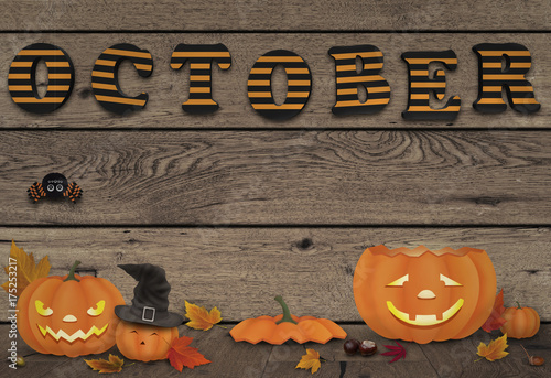&quot;funny halloween pumpkins with light on wooden background with letters