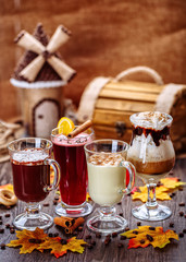 A set of delicious drinks. White Chocolate, Cream, Creamy Cocktails and mulled wine