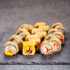 Fresh made Sushi set with salmon.