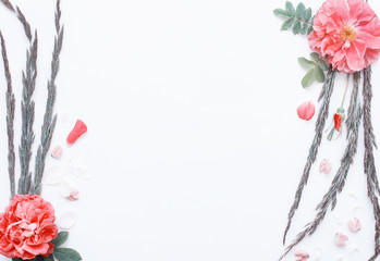 Romantic flower flat lay frame with roses, jasmine, carnation.