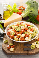 Red, white and green tortellini with vegetables and cheese