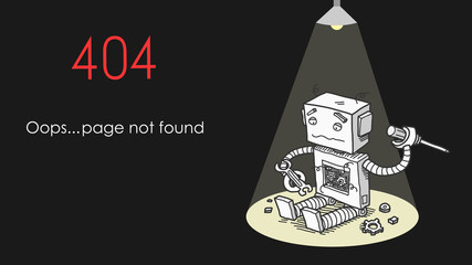 Broken Robot 404 Page Not Found Error, a hand drawn vector illustration of a website error message.