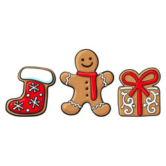 Set of glazed gingerbread, present box, Santa boot gingerbread cookies, sketch vector illustration isolated on white background. Christmas glazed gingerbread cookies - gingerbread, village house, boot