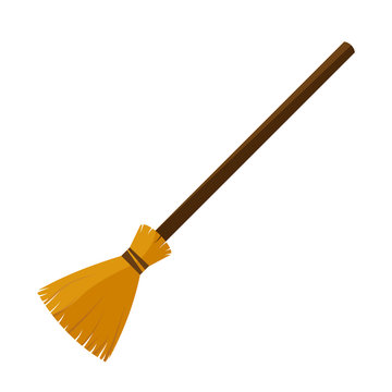broom made from twigs on a long wooden handle. vector illustration. tool for cleaning isolated on white background. Witches broom stick. Halloween accessory object. 