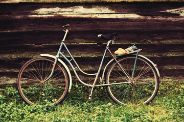 Fototapeta na wymiar Old vintage bike on green grass leaned to the wooden hedge