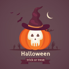 Halloween pumpkin with cute face on dark background. Vector cartoon Illustration.