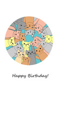 Many funny cats. Happy birthday card. Vector