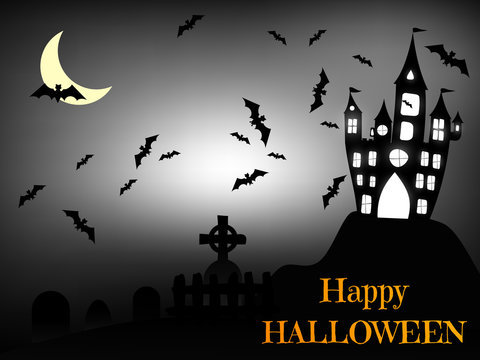 Halloween bats and dark castle on gray  background. Vector illustration.