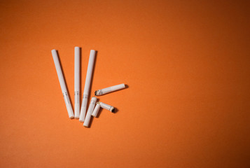 A top view image of several commercially made cigarettes.