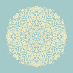 Turquoise background with olive mandala ornament in the east style. Ideal for printing on fabric or paper. Vector illustration. Vintage decorative elements. Islam, Arabic, Indian, ottoman motifs.