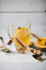 Mulled wine with spices and slice of orange