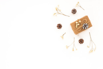 Christmas gift, branches, white christmas decorattion, white pine cone on white background. Top view, flat lay