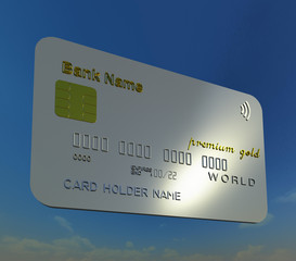 Carbon fibre textured bank card, credit card 3D illustration on natural blue sky background. Collection.