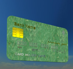 Green polished stone texture bank card, credit card 3D illustration on blue sky background. Collection.