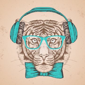 recommend clip art: Hipster animal tiger. Hand drawing Muzzle of tiger