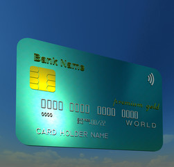 Green matalic textured bank card, credit card 3D illustration on natural blue sky background. Collection.