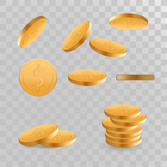 Set Realistic Gold coins explosion. Isolated on transparent background.