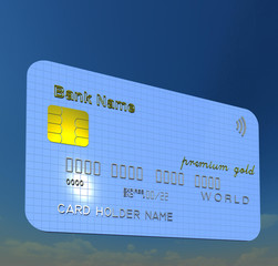 Light blue sqare textured bank card, credit card 3D illustration on natural blue sky background. Collection.
